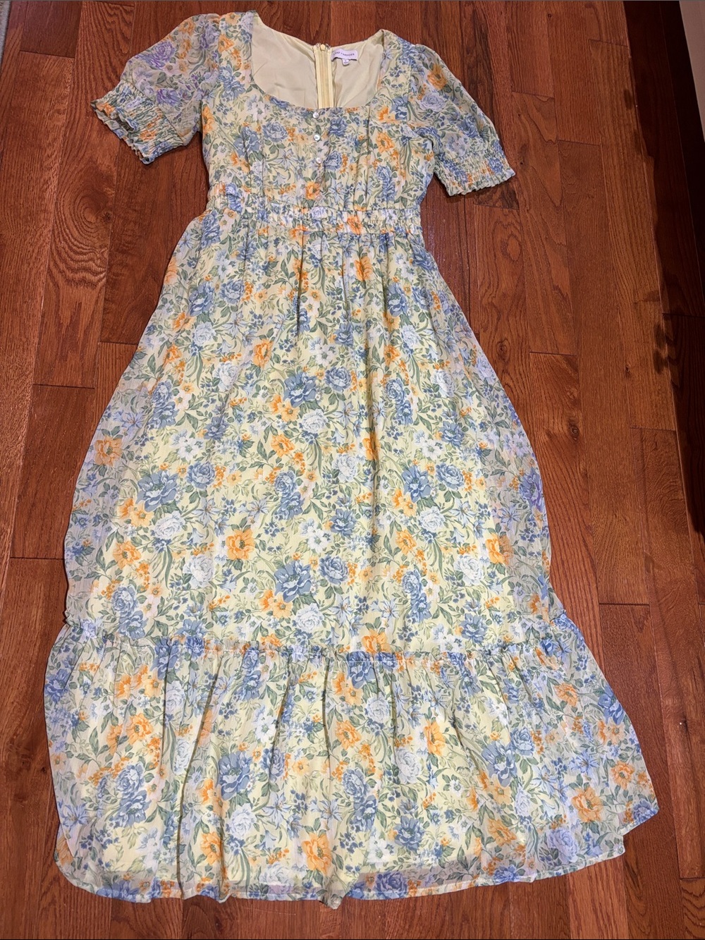 Woman’s Floral Peasant Maxi Dress in Yellow and Blue